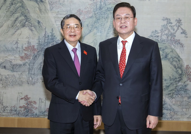 Phó Chủ tịch Quốc hội Hàn Quốc Chung Woo Taik và Phó Chủ tịch Quốc hội Việt Nam Nguyễn Đức Hải tại Trụ sở Quốc hội Hàn Quốc. (Ảnh: Anh Nguyên/TTXVN) Tăng cường cơ chế trao đổi giữa Quốc hội hai nước Việt Nam-Hàn Quốc ảnh 2