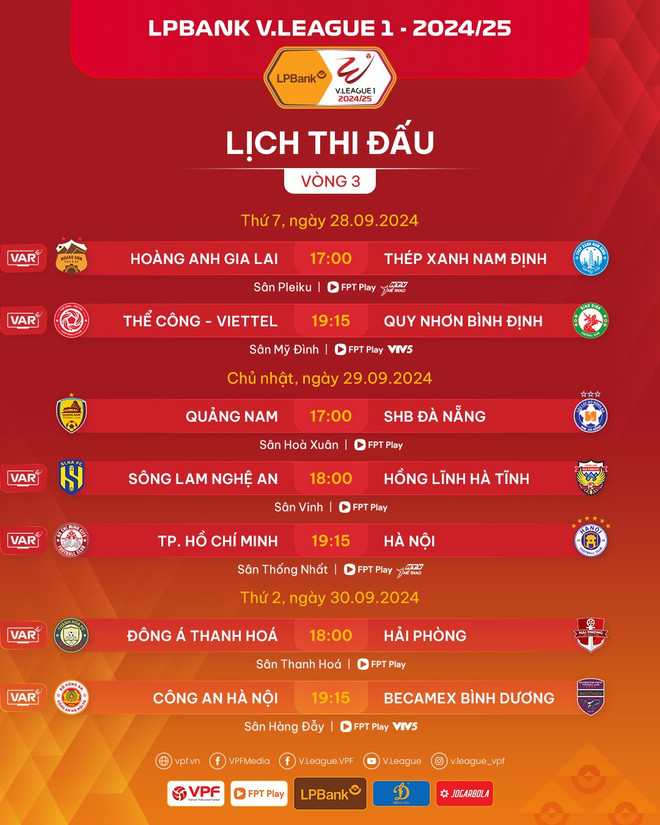 Lịch thi đấu vòng 3 V-League 2024-2025. (Ảnh: VPF) 461445062_923242556500838_3198205086309754248_n.jpg