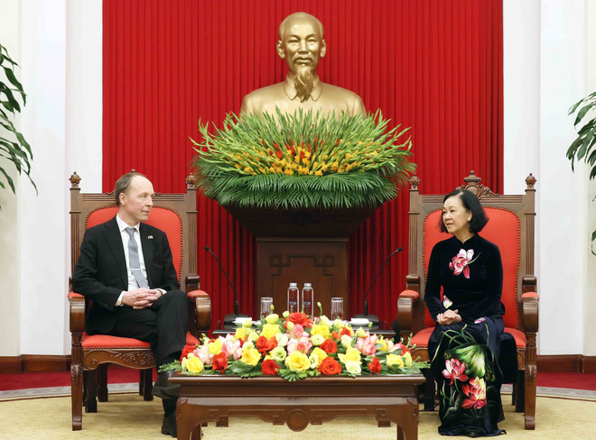 Bà Trương Thị Mai, Ủy viên Bộ Chính trị, Thường trực Ban Bí thư, Trưởng Ban Tổ chức Trung ương, hội kiến Chủ tịch Quốc hội Cộng hòa Phần Lan Jussi Halla-aho. (Ảnh: An Đăng/TTXVN) ttxvn_Thuong truc Ban bi thu (2).jpg