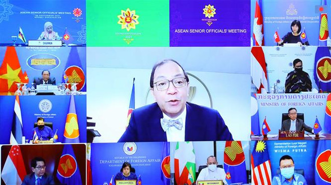 Các điểm cầu dự Hội nghị các Quan chức cao cấp (SOM) ASEAN. (Ảnh: Nguyễn Điệp/TTXVN) Rà soát công tác chuẩn bị cho Hội nghị cấp cao ASEAN lần thứ 38 và 39 ảnh 2