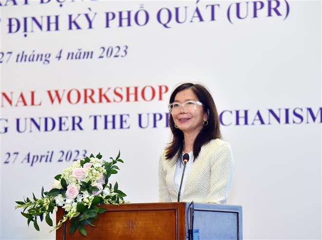Bà Pauline Tamesis, Điều phối viên thường trú của Liên hợp quốc tại Việt Nam phát biểu. (Ảnh: Lâm Khánh/TTXVN) Điều phối viên LHQ: Việt Nam cam kết mạnh mẽ đảm bảo Quyền con Người ảnh 2