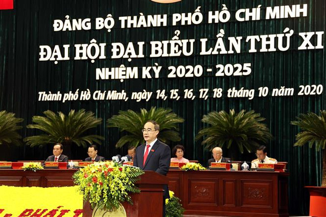 Ủy viên Bộ Chính trị, Bí thư Thành ủy Thành phố Hồ Chí Minh Nguyễn Thiện Nhân phát biểu tại Đại hội. (Ảnh: Thống Nhất/TTXVN) Xây dựng TP.HCM thành đại đô thị thông minh, đẳng cấp quốc tế ảnh 3