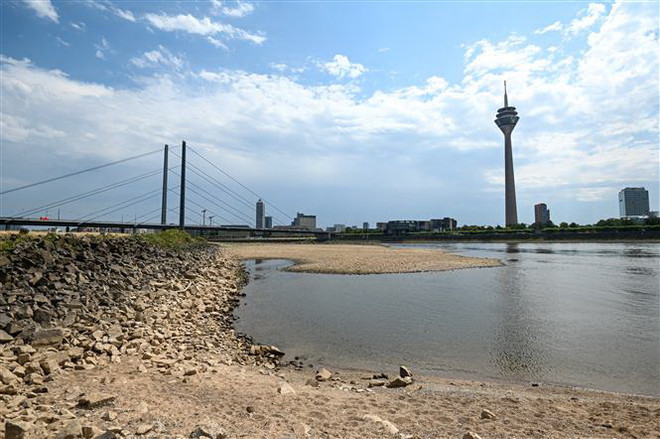 Lòng sông Rhine đoạn chảy qua Duesseldorf, miền Tây Đức, bị khô cạn một phần do hạn hán hồi tháng 7/2022. (Ảnh: AFP/TTXVN) EU thiệt hại 145 tỷ euro do biến đổi khí hậu trong thập kỷ qua ảnh 1