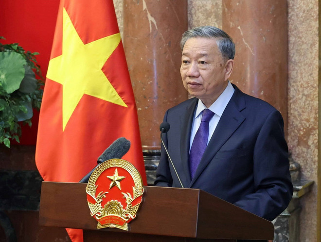 Chủ tịch nước Tô Lâm phát biểu tại buổi gặp mặt. (Ảnh: Nhan Sáng/TTXVN) ttxvn_chu tich nuoc to lam 1.jpg
