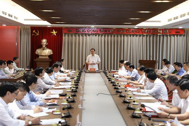 Bí thư Thành ủy Hà Nội Vương Đình Huệ phát biểu. (Ảnh: Văn Điệp/TTXVN) Hà Nội kiến nghị sớm ban hành chính sách quản lý chất lượng không khí ảnh 1