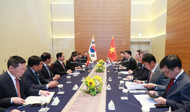 Quang cảnh buổi hội kiến. (Ảnh: Dương Giang/TTXVN) Thủ tướng Phạm Minh Chính hội kiến Tổng thống Hàn Quốc Yoon Suk-yeol ảnh 4