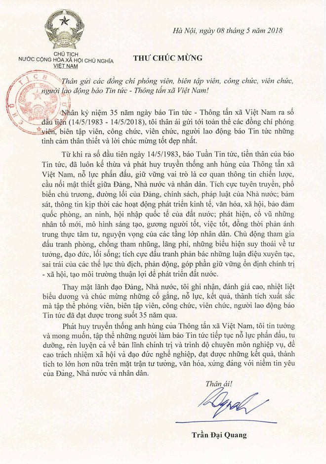 Chủ tịch nước gửi Thư chúc mừng báo Tin tức tròn 35 tuổi ảnh 1
