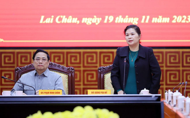 Bí thư Tỉnh ủy Lai Châu Giàng Páo Mỷ phát biểu. (Ảnh: Dương Giang/TTXVN) ttxvn_bi thu lai chau.jpg