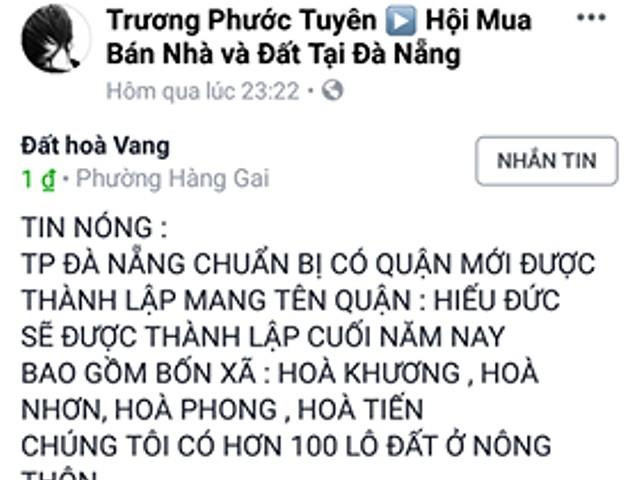 Thông tin thành phố Đà Nẵng chuẩn bị có quận mới được thành lập, tên là Hiếu Đức, là thật hay giả?