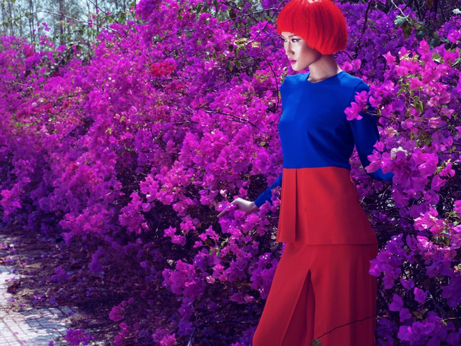 Kha Mỹ Vân cá tính với mái tóc đỏ. (Ảnh: Milor Tran) Xu hướng “color block” cho thời trang Việt mùa hè 2014 ảnh 3