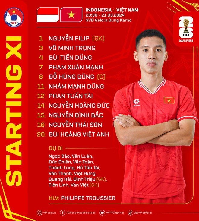 Đội hình ra sân của Đội tuyển Việt Nam trong trận gặp Indonesia. (Ảnh: VFF) 434159604_730022082665041_1727349500856928780_n.jpg
