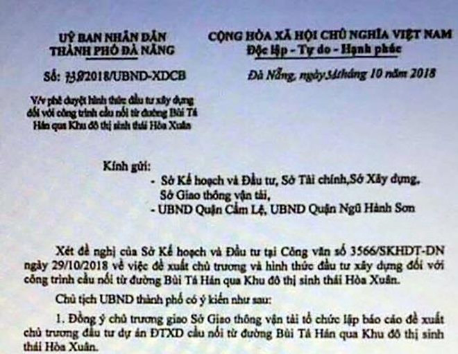 Văn bản này có thông tin lãnh đạo thành phố Đà Nẵng đồng ý chủ trương đầu tư xây dựng cầu nối từ đường Bùi Tá Hán (quận Ngũ Hành Sơn) qua Khu đô thị sinh thái Hòa Xuân (quận Cẩm Lệ). Thông tin này thật hay giả?