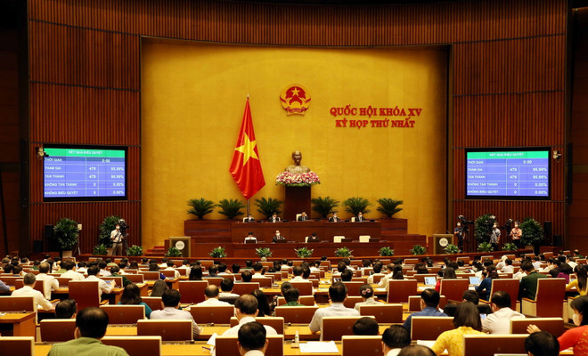 Đại biểu Quốc hội biểu quyết thông qua Nghị quyết về cơ cấu số lượng thành viên Chính phủ. (Ảnh: Phạm Kiên/TTXVN) Quyết định cơ cấu số lượng thành viên Chính phủ gồm 27 thành viên ảnh 1
