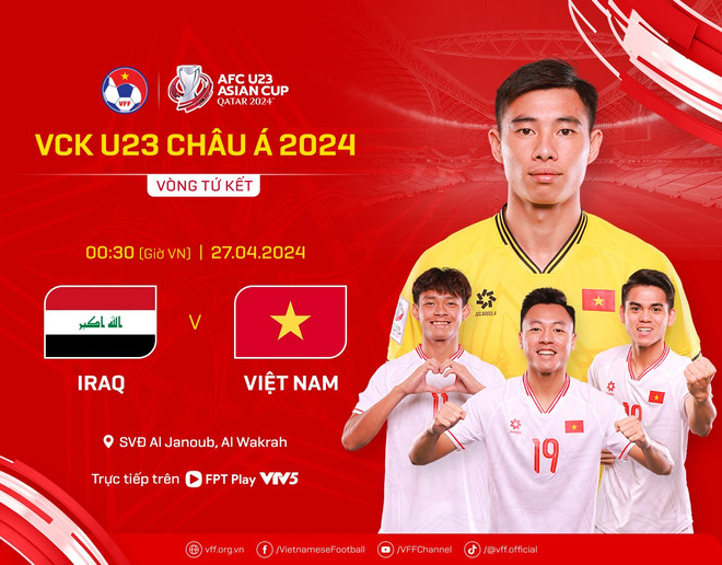 Màn chạm trán giữa U23 Việt Nam và U23 Iraq tại tứ kết sẽ diễn ra vào lúc 0 giờ 30 sáng 27/4 (theo giờ Việt Nam) trên sân Al Janoub. (Ảnh: VFF) 438241301_751042290563020_9099373061049318311_n.jpg