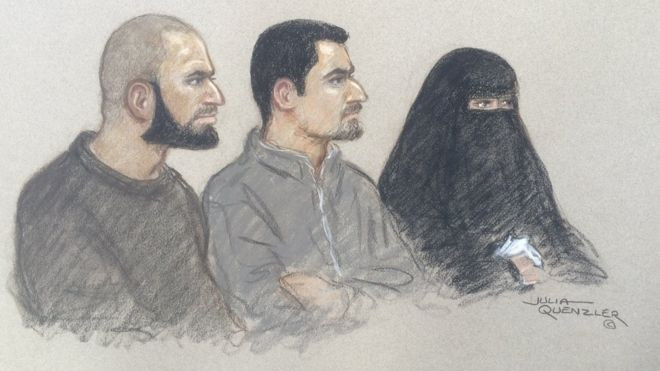 Hình ảnh vẽ Mohammed Ali Ahmed (trái) và Zakaria Boufassil cùng với Soumaya Boufassil. (Nguồn: BBC) Hai người Anh bị cáo buộc tài trợ cho nghi phạm đánh bom Paris ảnh 1