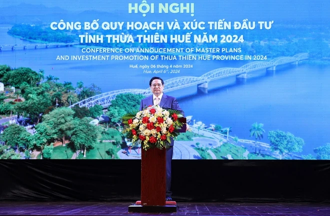 Thủ tướng Phạm Minh Chính phát biểu tại Hội nghị công bố Quy hoạch tỉnh Thừa Thiên-Huế. (Ảnh: Dương Giang/TTXVN)
