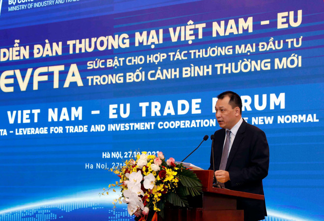 Thứ trưởng Bộ Công Thương Đặng Hoàng An phát biểu tại điểm cầu Hà Nội. (Ảnh: Trần Việt/TTXVN) Hiệp định EVFTA: Sức bật cho doanh nghiệp Việt Nam-EU phát triển ảnh 2