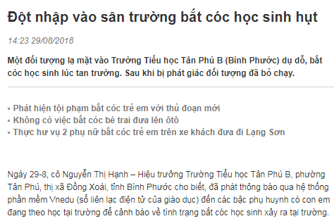 Thông tin về vụ bắt cóc hụt xảy ra tại Trường Tiểu học Tân Phú B (phường Tân Phú, thị xã Đồng Xoài), Bình Phước là thật hay giả?
