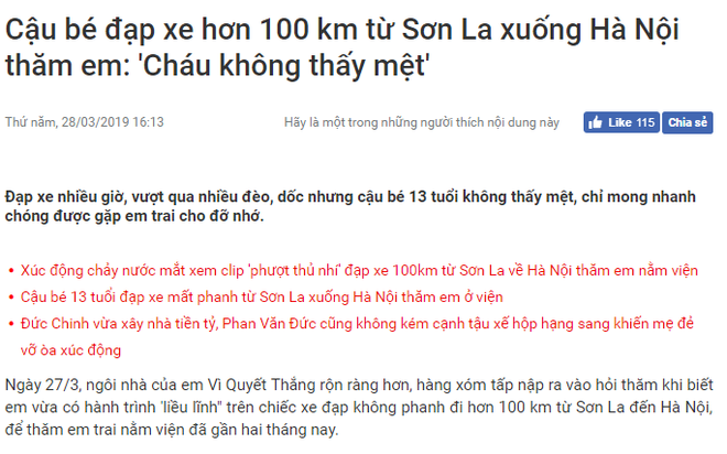 Một cậu bé 13 tuổi đạp xe hơn 100km từ Sơn La về Hà Nội thăm em. Thông tin này là thật hay giả?