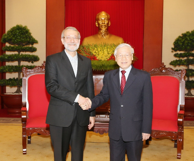 Tổng Bí thư Nguyễn Phú Trọng tiếp Chủ tịch Quốc hội Iran Ali Ardeshir Larijani thăm chính thức Việt Nam. (Ảnh: Trí Dũng/TTXVN) Tổng Bí thư Nguyễn Phú Trọng tiếp Chủ tịch Quốc hội Iran ảnh 1