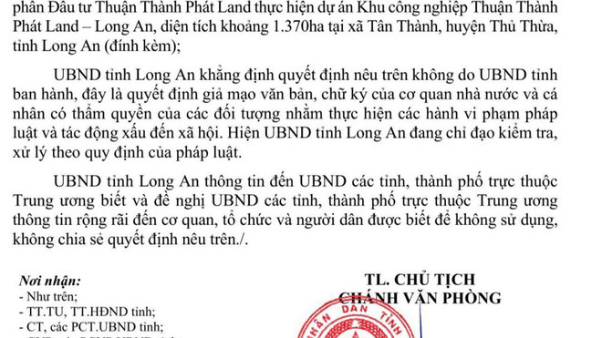 Phát hiện văn bản giả mạo quyết định của UBND tỉnh Long An ảnh 1