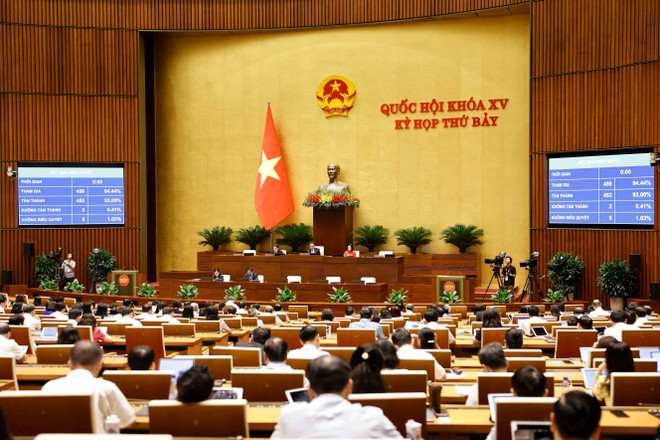 Có 452/459 đại biểu biểu quyết tán thành (chiếm 94,44%) thông qua Nghị quyết. (Ảnh: TTXVN phát) vna_potal_ky_hop_thu_7_quoc_hoi_khoa_xv_thao_luan_ve_du_an_luat_di_san_van_hoa_sua_doi_7449326.jpg