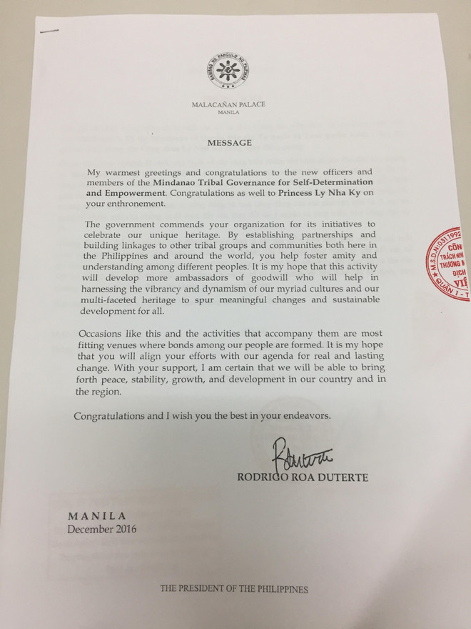Thư chúc mừng của Tổng thống Philippines. (Nguồn ảnh: Lynk) Tổng thống Duterte gửi chúc mừng Hoàng gia Mindanao và Lý Nhã Kỳ ảnh 2