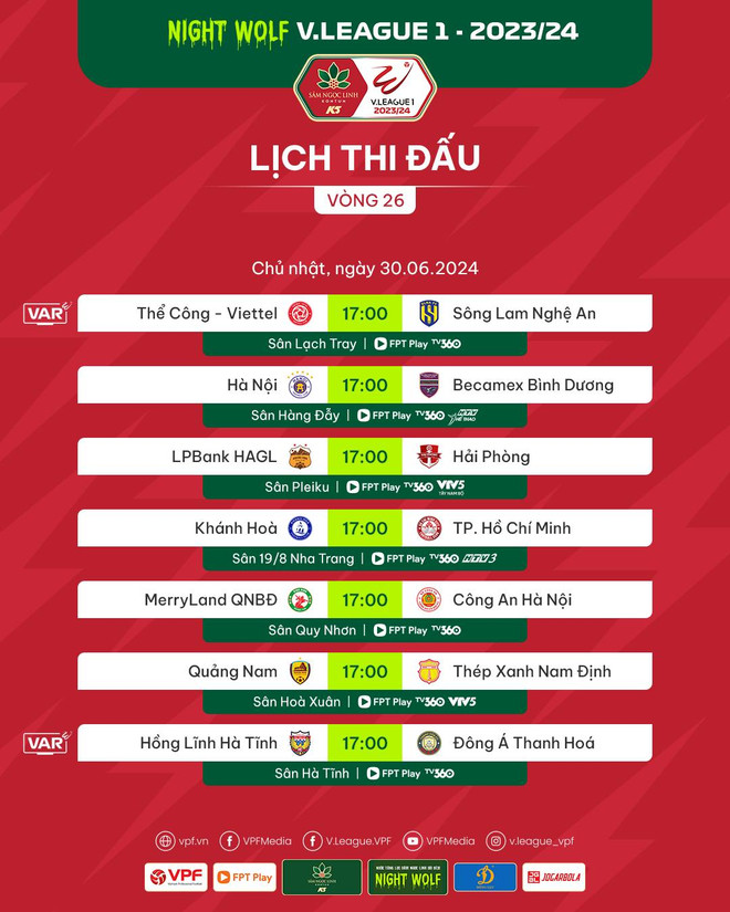 Lịch thi đấu vòng 26 Giải Vô địch Quốc gia V-League 2023-2024. (Ảnh: VPF) 449408307_862998259191935_2366967082477517416_n.jpg