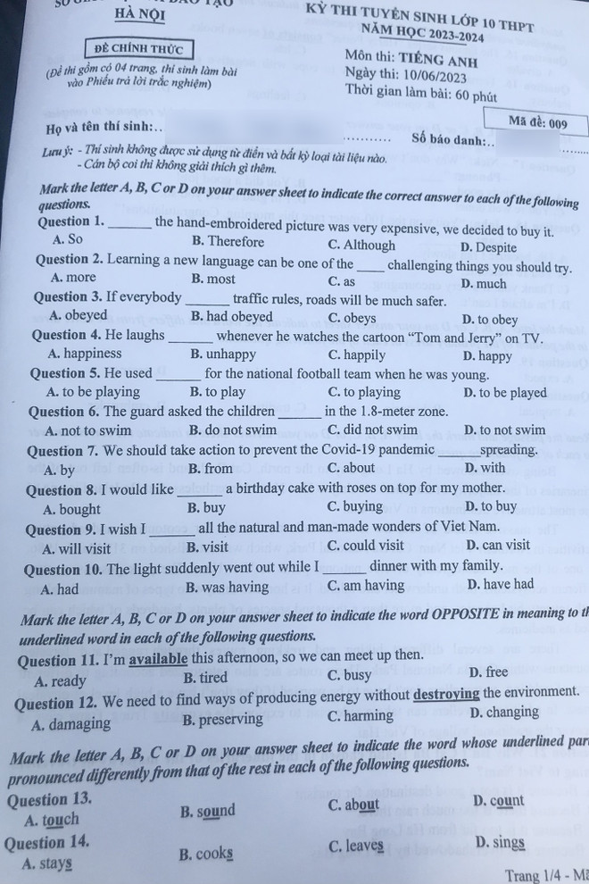 Đề thi chính thức môn tiếng Anh kỳ thi vào lớp 10 của Hà Nội ảnh 2