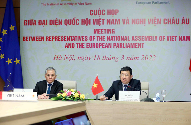 Chủ nhiệm Ủy ban Đối ngoại của Quốc hội Việt Nam Vũ Hải Hà (bên phải) phát biểu. (Ảnh: Phạm Kiên/TTXVN) Quốc hội Việt Nam và Nghị viện châu Âu họp về việc triển khai EVFTA ảnh 1