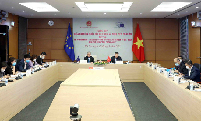 Quang cảnh cuộc họp trực tuyến tại điểm cầu Hà Nội. (Ảnh: Phạm Kiên/TTXVN) Quốc hội Việt Nam và Nghị viện châu Âu họp về việc triển khai EVFTA ảnh 2