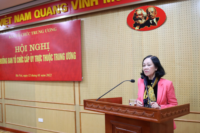 Trưởng Ban Tổ chức Trung ương Trương Thị Mai phát biểu. (Ảnh: TTXVN) Bảo đảm tiến độ, chất lượng, hiệu quả công tác tham mưu tổ chức-cán bộ ảnh 1