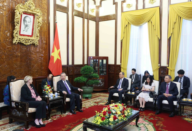 Chủ tịch nước Tô Lâm tiếp Đại sứ Thụy Điển Ann Mawe đến chào từ biệt. (Ảnh: Nhan Sáng/TTXVN) ttxvn_dai su thuy dien 3.jpg