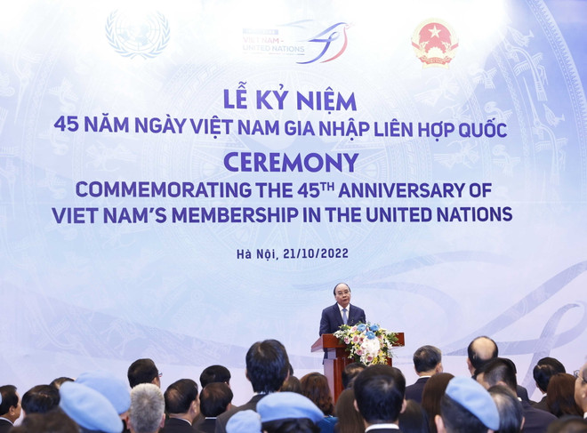 Chủ tịch nước Nguyễn Xuân Phúc phát biểu tại lễ kỷ niệm. (Ảnh: TTXVN) 'Việt Nam tự hào về nỗ lực thực hiện các sứ mệnh cao cả của LHQ' ảnh 2