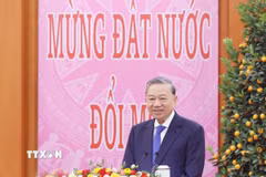 Tổng Bí thư Tô Lâm phát biểu chúc Tết Ất Tỵ 2025. (Ảnh: Thống Nhất/TTXVN)