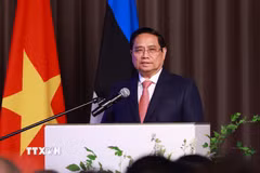 Thủ tướng Phạm Minh Chính phát biểu tại Diễn đàn doanh nghiệp Việt Nam-Estonia. (Ảnh: Dương Giang/TTXVN)