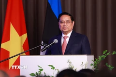 Thủ tướng Phạm Minh Chính phát biểu tại Diễn đàn doanh nghiệp Việt Nam-Estonia. (Ảnh: Dương Giang/TTXVN)
