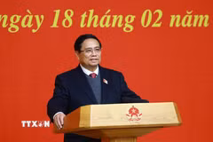 Thủ tướng Phạm Minh Chính chủ trì hội nghị triển khai Nghị quyết của Quốc hội về cơ cấu tổ chức Chính phủ. (Ảnh: Dương Giang/TTXVN)