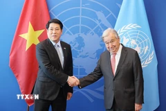 Chủ tịch nước Lương Cường gặp Tổng Thư ký Liên hợp quốc Antonio Guterres. (Ảnh: Lâm Khánh/TTXVN)