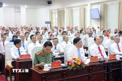 Các đại biểu tiến hành biểu quyết thông qua nghị quyết Đại hội. (Ảnh: Trung Kiên/TTXVN)