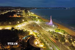 Tháp Nghinh Phong trong khuôn viên công viên biển ở phường Tuy Hòa (Đắk Lắk) rực rỡ về đêm. (Ảnh: Vũ Sinh/TTXVN)