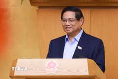 Thủ tướng Phạm Minh Chính chủ trì cuộc họp Chính phủ chuyên đề về việc sắp xếp, tổ chức lại đơn vị hành chính các cấp. (Ảnh: Dương Giang/TTXVN)