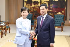 Đại tướng Phan Văn Giang, Ủy viên Bộ Chính trị, Phó Thủ tướng Chính phủ, Bộ trưởng Bộ Quốc phòng tiếp bà Izumi Nakamitsu, Phó Tổng Thư ký Liên hợp quốc và Đại diện cấp cao về Giải trừ quân bị. (Ảnh: Minh Đức/TTXVN)