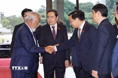Chủ tịch Quốc hội Trần Thanh Mẫn và đoàn đại biểu Việt Nam đón Thủ tướng nước Cộng hòa Dân chủ Timor-Leste Kay Rala Xanana Gusmão. (Ảnh: Doãn Tấn/TTXVN)