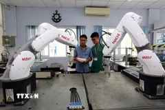 Các học viên thực hành lập trình và vận hành Robot tại Trung tâm Đào tạo khu công nghệ cao thành phố Hồ Chí Minh. Trung tâm hợp tác với các doanh nghiệp công nghệ cao, các trường đại học cao đẳng mở lớp bồi dưỡng đào tạo kỹ sư về các chuyên đề công nghệ cao. (Ảnh: Danh Lam/TTXVN)