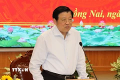 Đồng chí Phan Đình Trạc, Ủy viên Bộ Chính trị, Bí thư Trung ương Đảng, Trưởng Ban Nội chính Trung ương, Trưởng Đoàn công tác 284 của Bộ Chính trị phát biểu tại buổi làm việc. (Ảnh: Sỹ Tuyên/TTXVN)