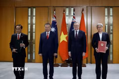 Tổng Bí thư, Chủ tịch nước Tô Lâm và Thủ tướng Australia Anthony Albanese chứng kiến trao văn kiện hợp tác giữa hai nước. (Ảnh: Thống Nhất/TTXVN)