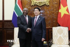 Chủ tịch nước Lương Cường và Tổng thống Nam Phi Matamela Cyril Ramaphosa gặp hẹp. (Ảnh: Lâm Khánh/TTXVN)