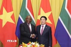 Chủ tịch nước Lương Cường và Tổng thống Nam Phi Matamela Cyril Ramaphosa chụp ảnh chung trước hội đàm. (Ảnh: Lâm Khánh/TTXVN)