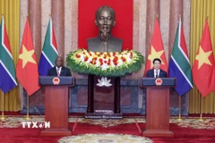 Chủ tịch nước Lương Cường và Tổng thống Nam Phi Matamela Cyril Ramaphosa gặp gỡ báo chí, thông báo về kết quả hội đàm giữa hai bên. (Ảnh: Lâm Khánh/TTXVN)